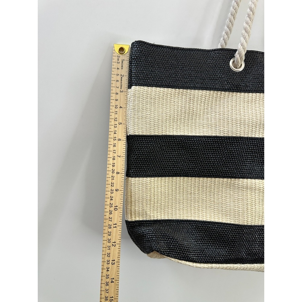 NEW Chico's Black Neutral Striped Woven Straw Beach Tote Bag Rope Handles Resort - Picture 7 of 11